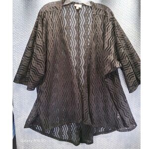 LuLaRoe Joy Black Lace Crochet Cardigan Vest Large Geometric Pointelle Knit Open